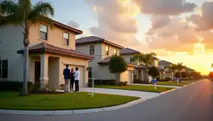 Couple discussing property management services with agent in front of multifamily homes at sunset in Tampa, Florida.