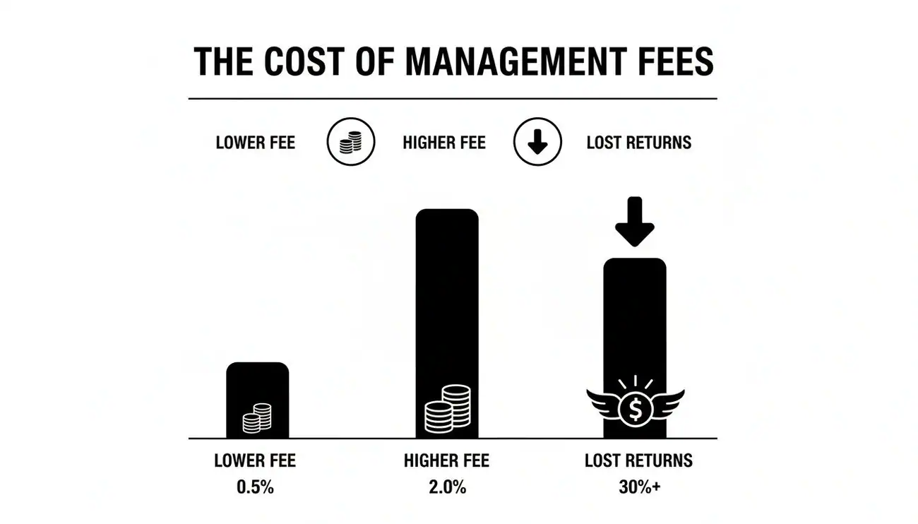Cost analysis graphic illustrating the relationship between management fees and lost returns, highlighting lower fees at 0.5%, higher fees at 2.0%, and potential lost returns exceeding 30%.