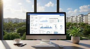 Computer monitor displaying property management dashboard with graphs and charts, overlooking multifamily properties and palm trees in Florida.