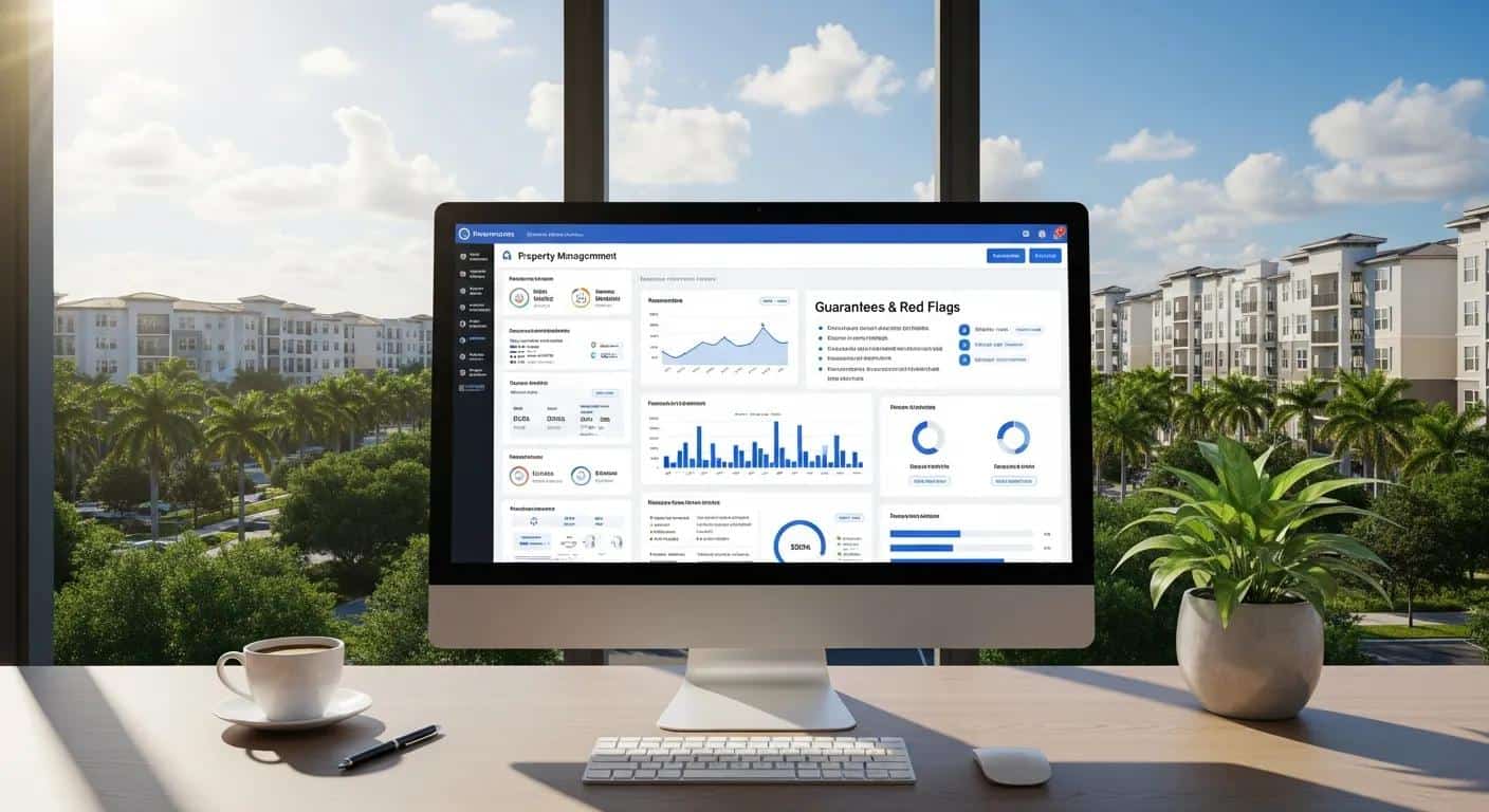 Computer monitor displaying property management dashboard with graphs and statistics, overlooking palm trees and residential buildings, symbolizing InvestPro Properties' management services in Florida.
