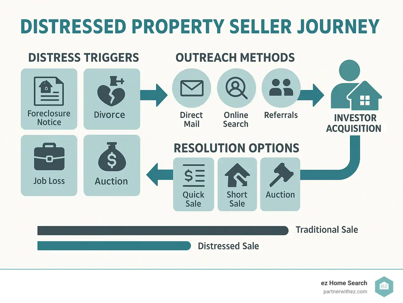Flowchart illustrating distressed property seller journey from distress triggers to outreach and resolution options for investor acquisition.