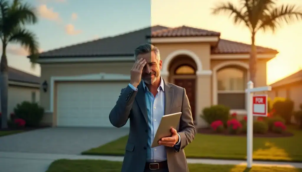 Man in a suit holding a tablet in front of a Florida home with a "For Sale" sign, expressing concern about becoming an accidental landlord.