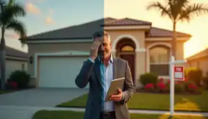 Man in a suit holding a tablet, standing in front of a Florida home with a for-sale sign, reflecting the challenges of becoming an accidental landlord.