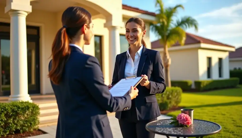Two professional women in suits discuss a checklist outside a suburban home in Palm Beach County.