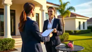 Two women in business attire discussing property management outside a Florida home, one holding a clipboard, with a tropical setting and palm trees in the background.