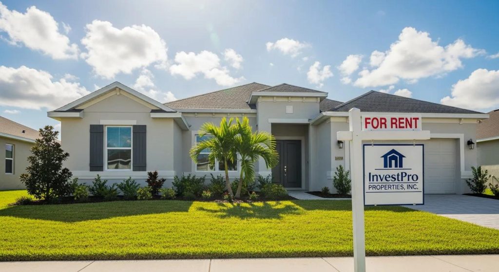 Nice single-family rental home in Florida with for rent sign in the front yard that says InvestPro Properties, Inc.