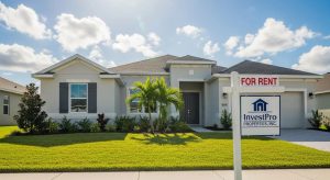 Single-family rental home with "For Rent" sign and InvestPro Properties branding, showcasing property management services in Florida.