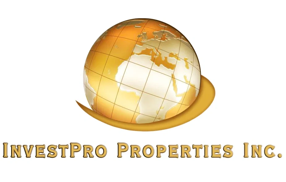 InvestPro Properties Inc. logo featuring a golden globe and stylized text, representing a leading property management company in West Palm Beach.